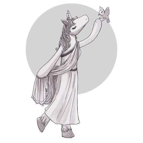 Brush illustration with the title 'Female Unicorn in Toga'