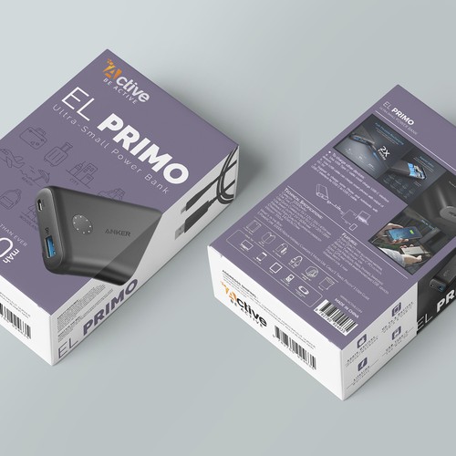 Industrial packaging with the title 'Power bank package design'