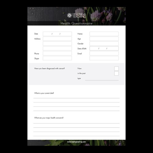 Survey design with the title 'HEALING TEACHING Questionnaire Form'