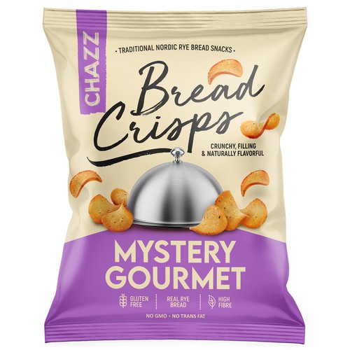 Snack packaging with the title 'Traditional Rey Bread Snack - CHAZZ Bread Crisps'