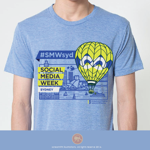 Blue t-shirt with the title 'Design for Social Media Week - Sydney'