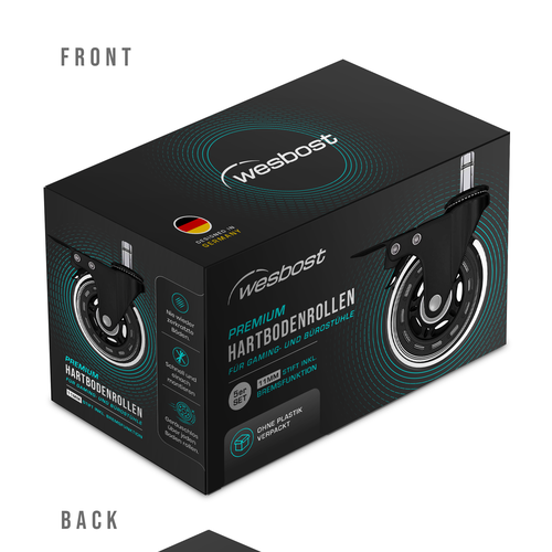 Creative packaging with the title 'Packaging design for gaming chair wheel'