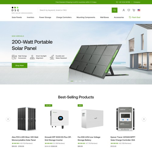 Green energy design with the title 'Solar-Wholesale Shopify Store Website Design'