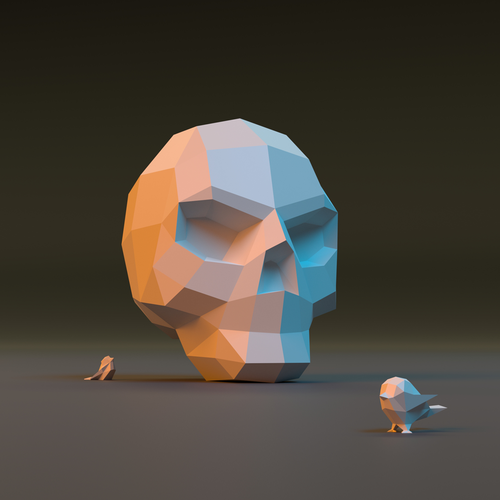 Low poly design with the title 'Skull and birds'