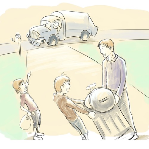 Family artwork with the title 'Happy Family and a Trash Truck'