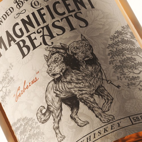 Whiskey label with the title 'Cerberus and Orthrus'