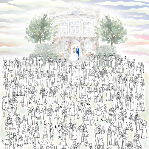 Wedding illustration with the title 'Wedding Guest Coloring Page'