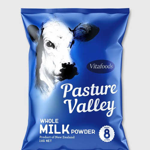 Milk packaging with the title 'Packing Whole Milk powder Pasture Valley'