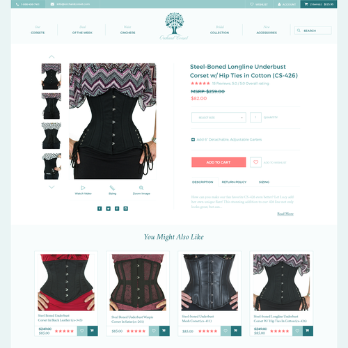 Feminine website with the title 'product page for Orchard Corset'