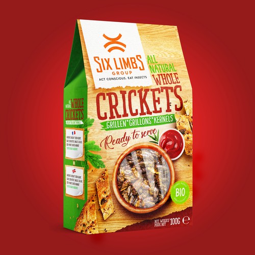 Snack bag packaging with the title 'Packaging design for Grilled Crickets'