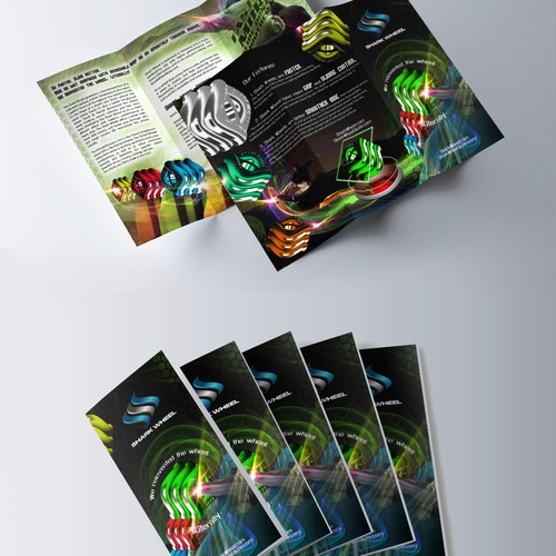 Skateboard design with the title 'WE REINVENTED THE WHEEL! Help us create a unique brochure..'