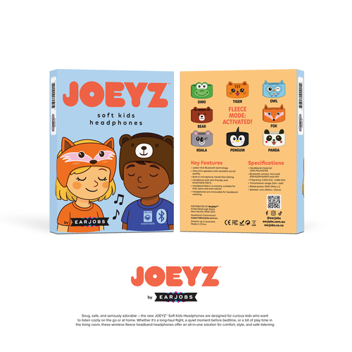 Device packaging with the title 'JOEYZ soft kids headphones box'