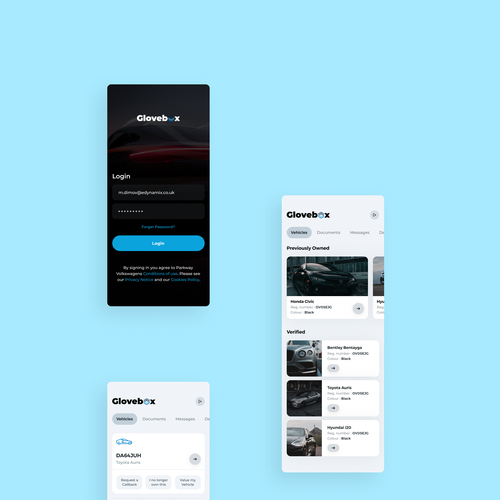 Automotive website with the title 'Glovebox Customer Portal'