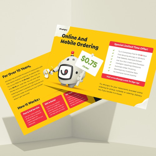 Online marketing design with the title 'Fresh, clean and modern 6"x11" postcard design concept for eHungry.'