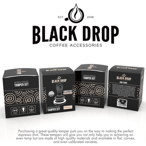 Wood design with the title 'PRODUCT PACKAGING FOR DBLACK DROP'