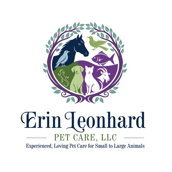 Cat, dog, and horse logo with the title 'Erin Leonhard Pet care logo'