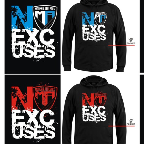 Blue and black design with the title 'NOEXCUSES hoodie'