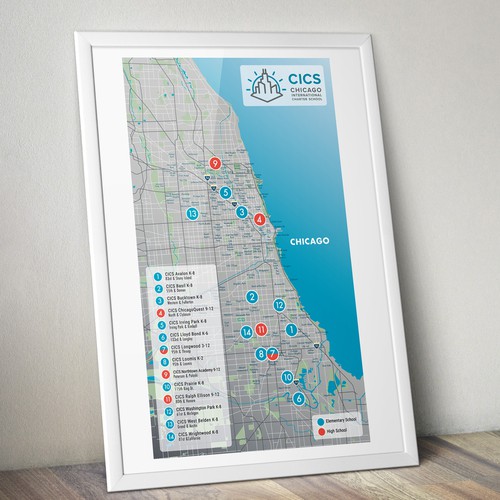 City illustration with the title 'Map of charter schools in Chicago'