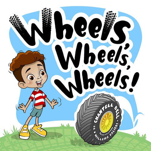 Hand-drawn book cover with the title 'Wheels, wheels, wheels! - children book'