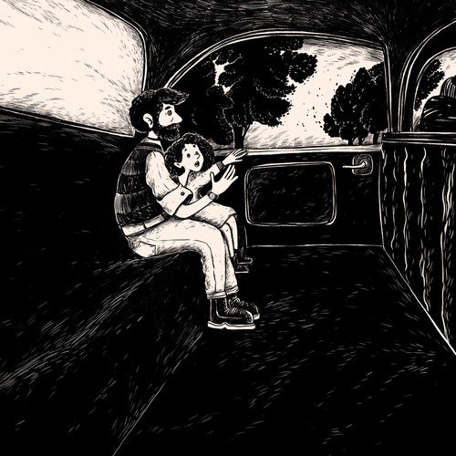 Car illustration with the title 'Black and white illustration for kids book.'