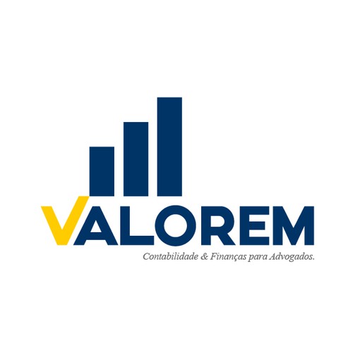 Progressive design with the title 'Logotipo: Valorem - Contabilidade & Finanças para Advogados'