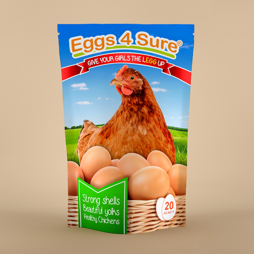 Egg design with the title 'Fun package design for Eggs 4 Sure'