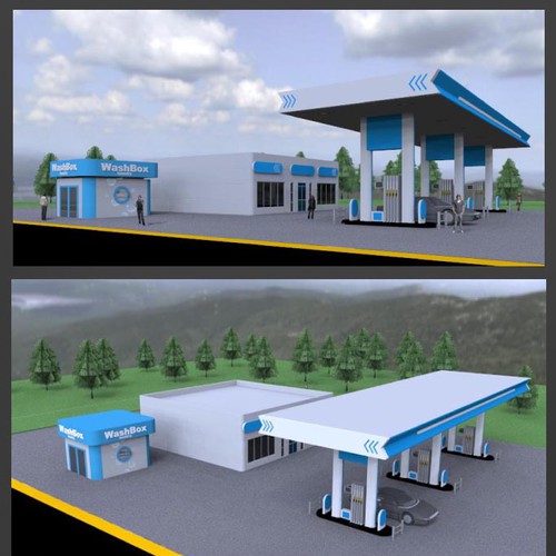 Presentation artwork with the title 'Create a fresh, eye-catching illustration of a laundromat add-on to a Petrol Filling Station'