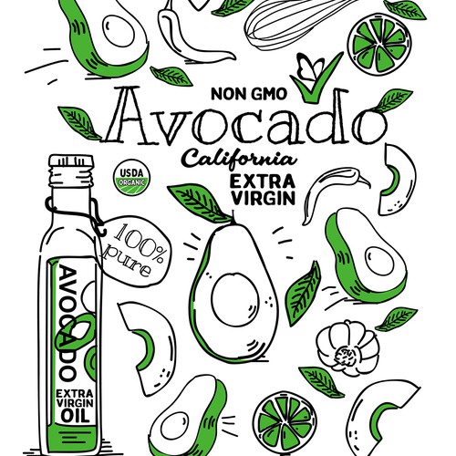 Graphic t-shirt with the title 'Unique and fun t-shirt design for a extra virgin avocado oil company.'