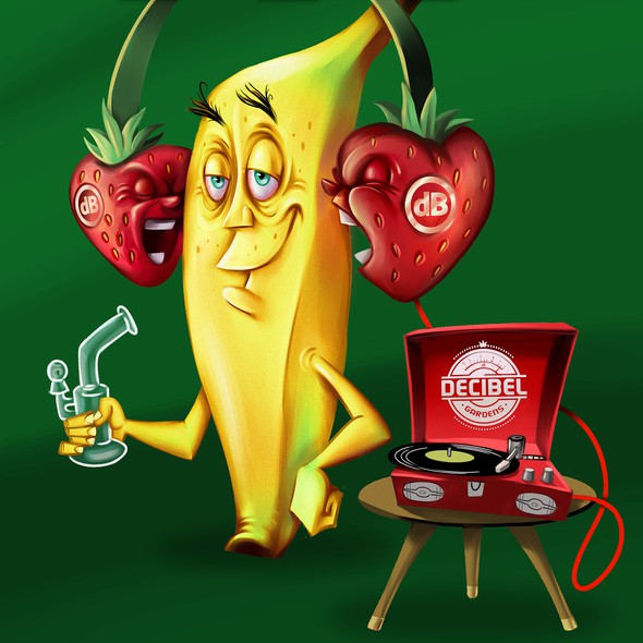 Cartoonish artwork with the title 'Hand painted banana mascot'