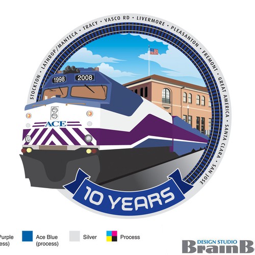 Train logo with the title 'ACE Rail's 10-Year Anniversary Logo'