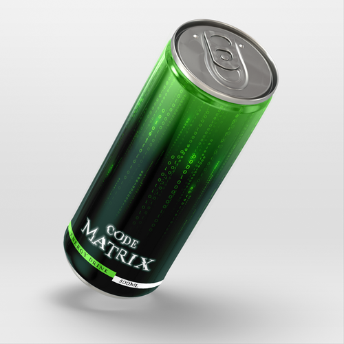 Matrix design with the title 'Es una bebida energética. Lo que queremos expresar es que esta bebida va salir el código fuente que está en ti, como en Matrix'