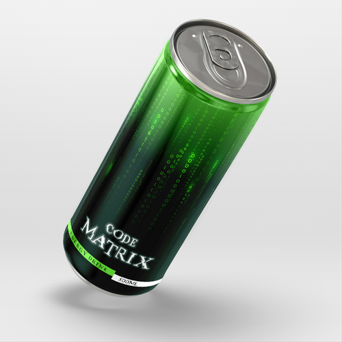 Energy drink packaging with the title 'Es una bebida energética. Lo que queremos expresar es que esta bebida va salir el código fuente que está en ti, como en Matrix'
