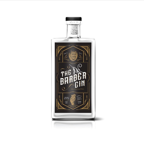 Liquor label with the title 'The Barber Gin'