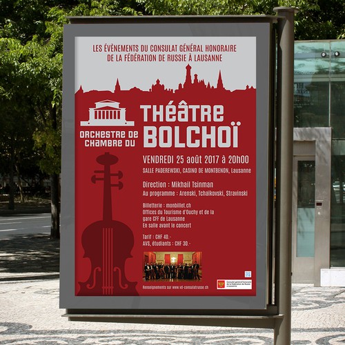 Orchestra design with the title 'Poster for a performance of the Theater Bolchoi Orchestra in Lausanne.'