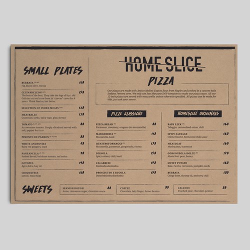 Kraft paper design with the title 'Menu for HomeSlice Pizza'