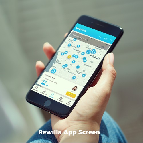 White and yellow design with the title 'Rewilla App Screen'