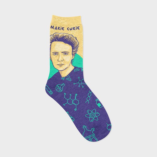 Sock design with the title 'SOCKS FOR BOOKSTORES (NO KIDS STYLE) MARIE CURIE - CHAUSSETTE DE LA SCIENTIFIQUE MARIE CURIE'