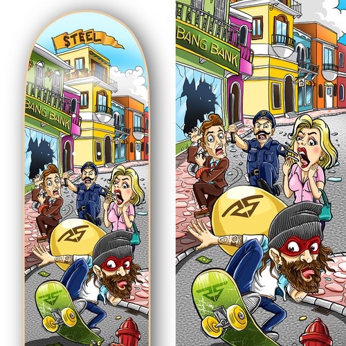 Cartoon illustration with the title 'Steel Skateboard Design'