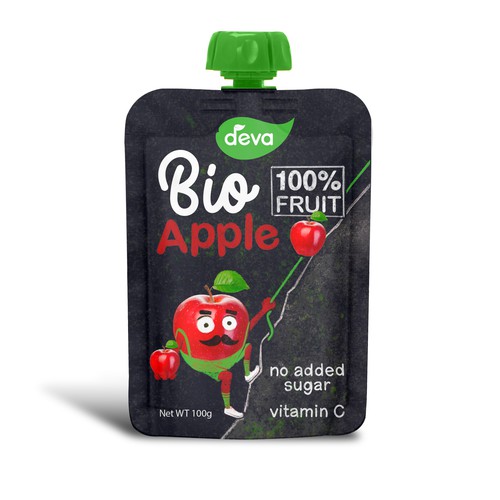 Fruit packaging with the title 'Pouch Design Bio Fruit Puree'