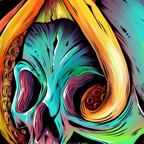 Professional illustration with the title 'Octopus on skull for album cover'