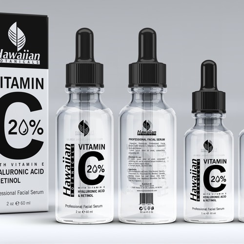 Dropper bottle label with the title 'Label design Vitamin C Facial Serum'
