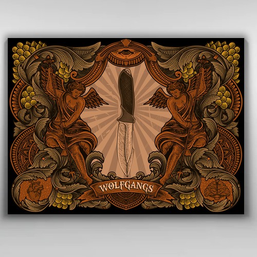 Engraving artwork with the title 'vintage knife with antique ornament frame'