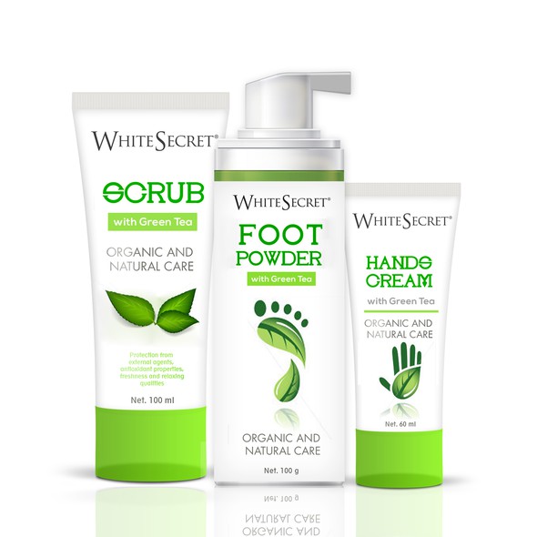 White and green design with the title 'Foot and hand organic cosmetic line'
