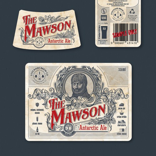 Label illustration with the title '"The Mawson" - "Antarctic Ale" vintage style beer label design'