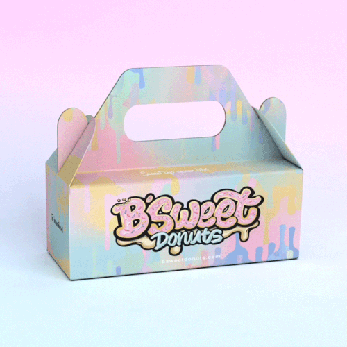 3D packaging with the title 'Cheerful Donuts Packaging Box'