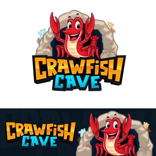 Cute design with the title 'Cute and friendly cartoon crawfish/crab with a cave background for Crawfish Cave Restaurant'