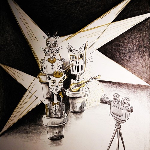 Band illustration with the title 'Cat band playing on instruments'