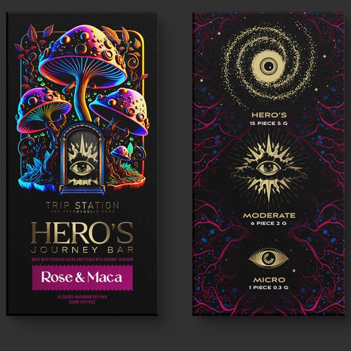 Dark packaging with the title 'Psychedelic Mushroom Chocolate Bar Packaging'