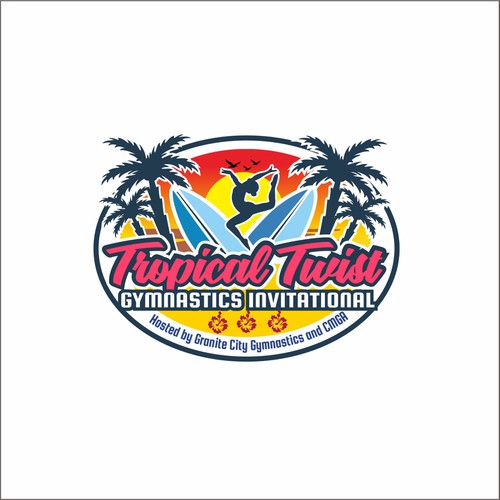 Gymnastics logo with the title 'TROPICAL TWIST'