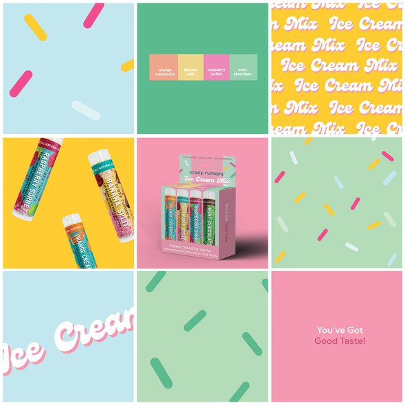 Ice cream packaging with the title 'Packaging for Crazy Rumors lip balm set of 4'